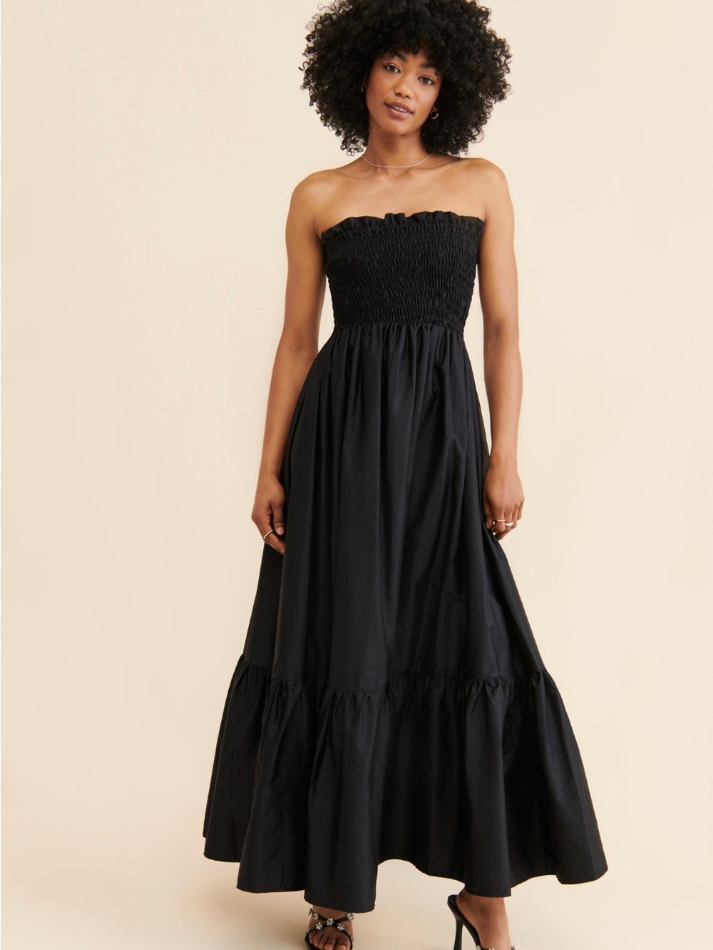 Kasia Black Strapless Smocked Maxi Dress Tiered Cotton Poplin Size L